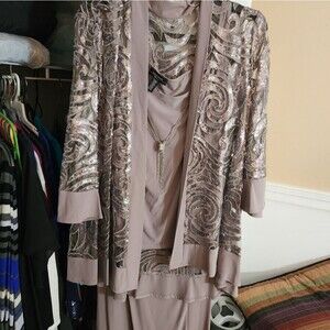 R & M Richards Sequin Embellished Dress Set in Silver and Cream